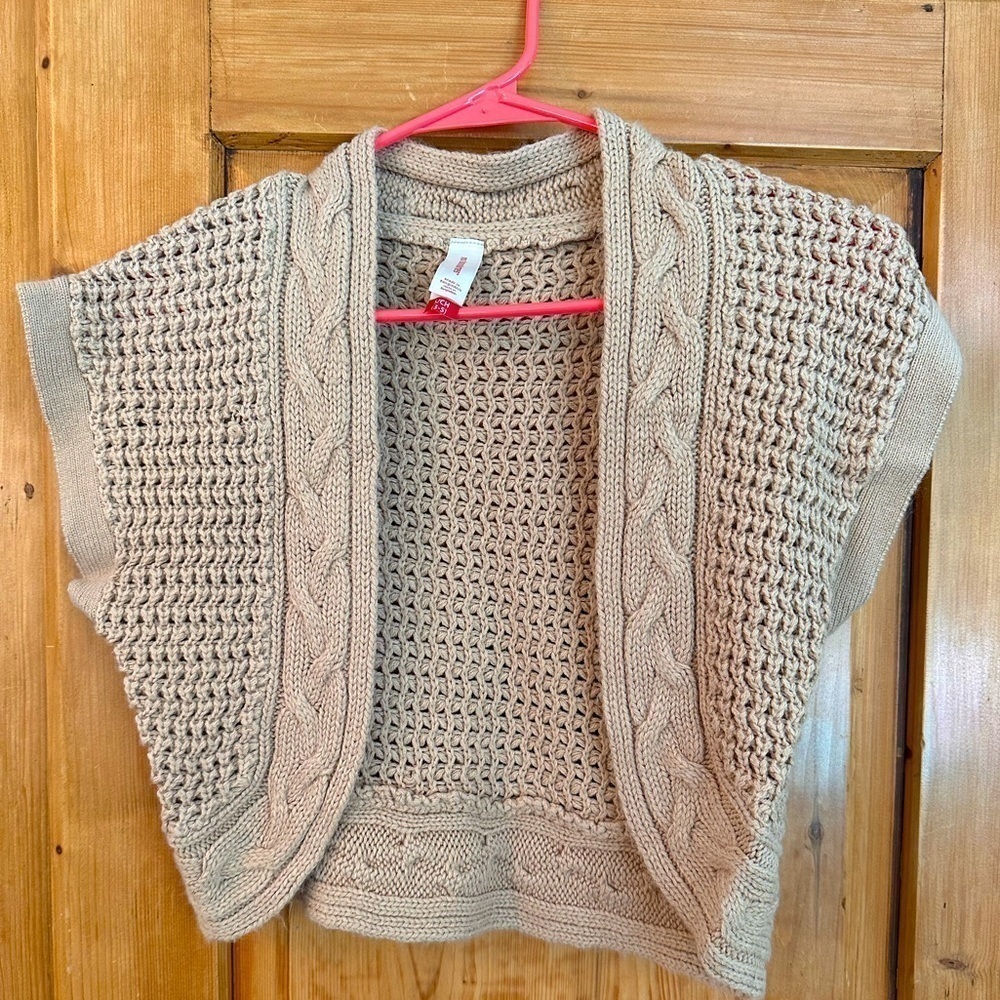 No Boundaries Y2K Academia Lightweight Tan Knit-Look Shrug Juniors Size 3-5